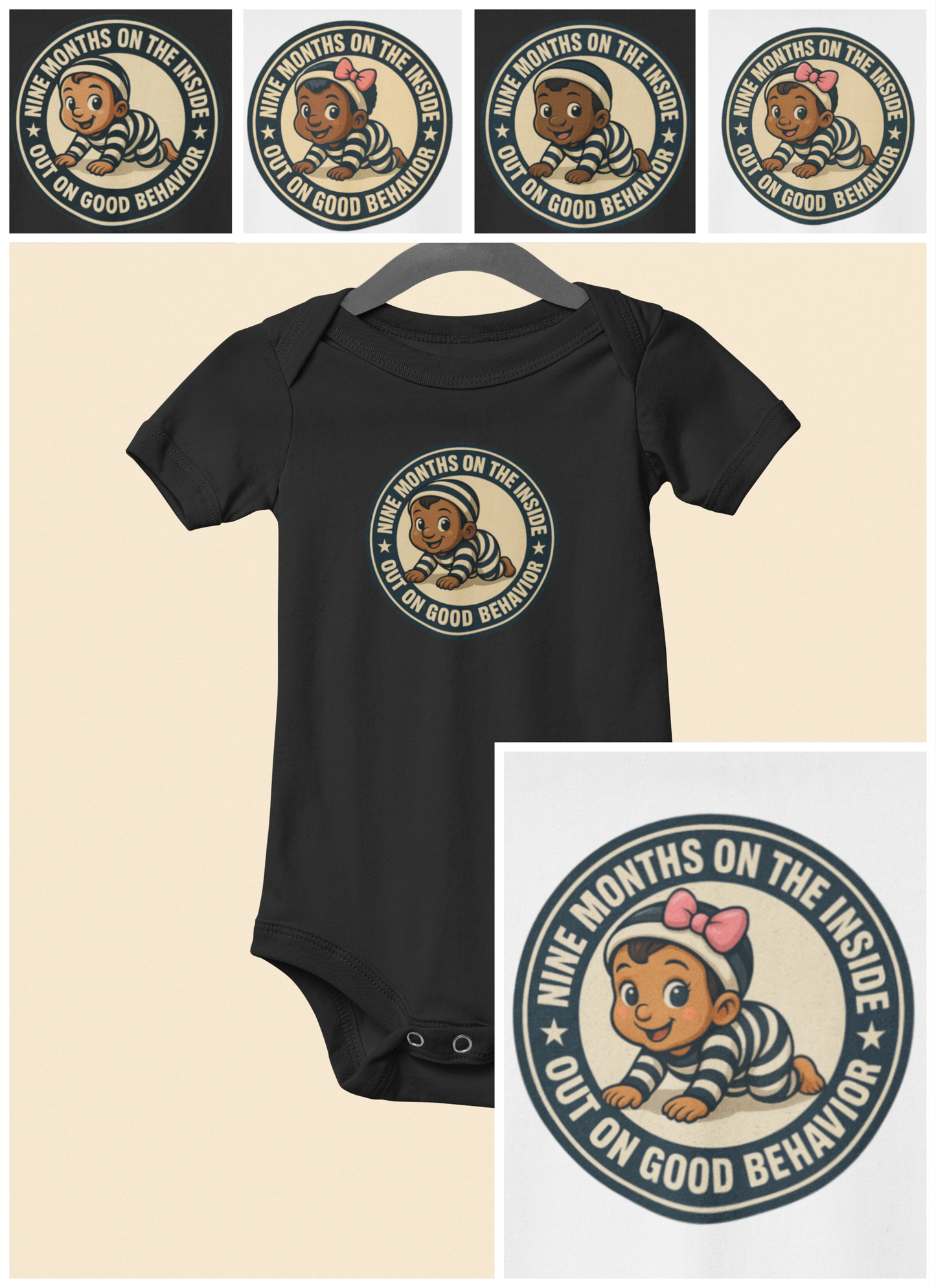 9 Months on the Inside, Out on Good Behavior - Baby Bodysuit - Vintage Stamp Austin
