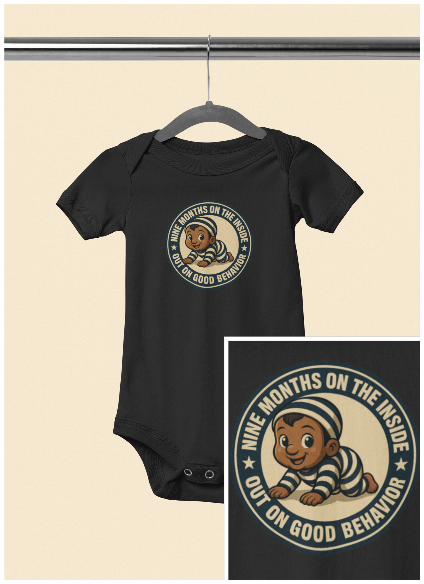 9 Months on the Inside, Out on Good Behavior - Baby Bodysuit - Vintage Stamp Austin