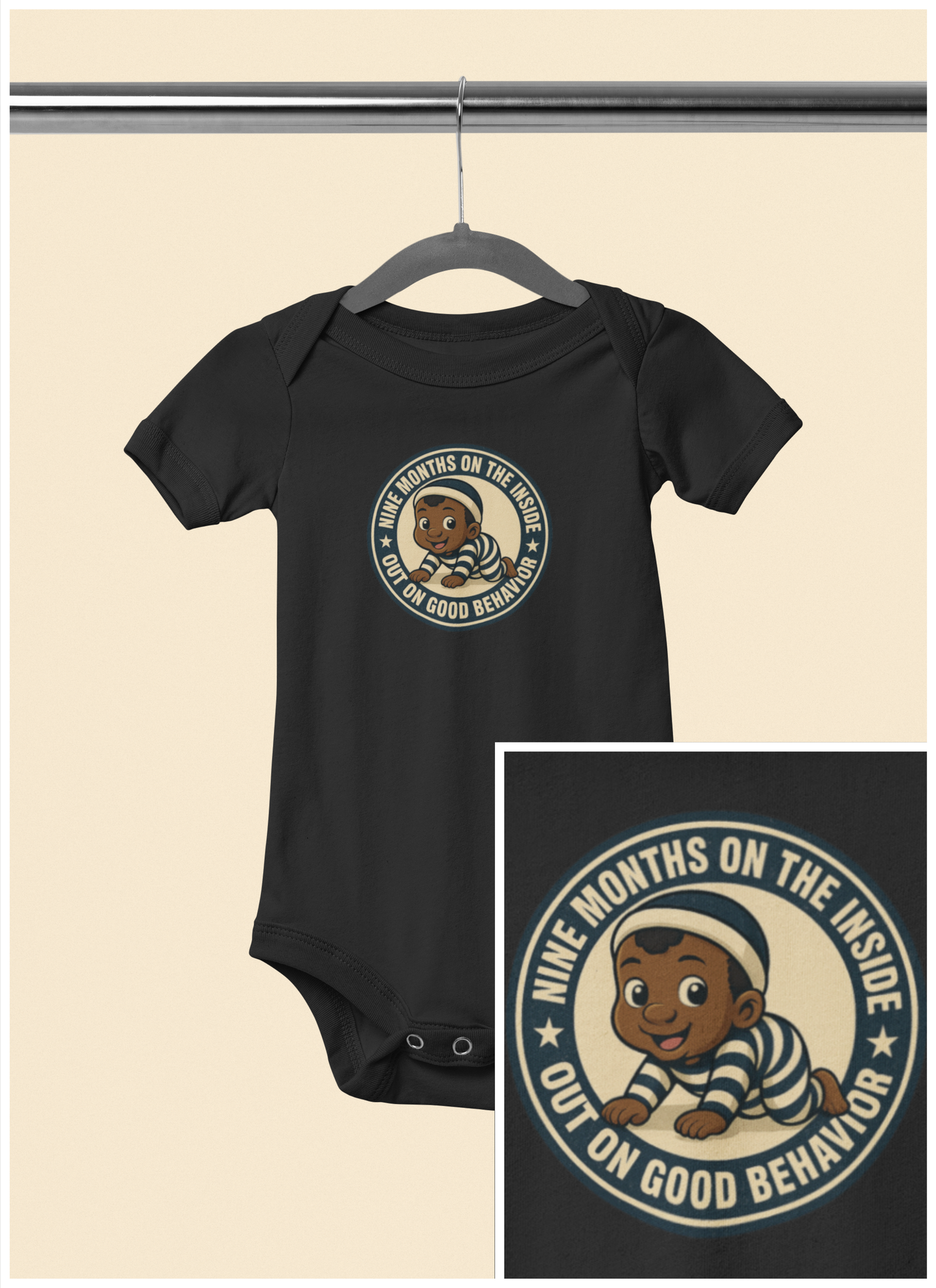 9 Months on the Inside, Out on Good Behavior - Baby Bodysuit - Vintage Stamp Jordan