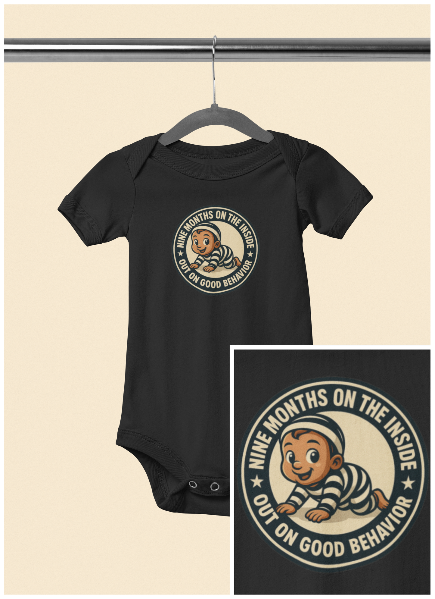 9 Months on the Inside, Out on Good Behavior - Baby Bodysuit - Vintage Stamp Jack