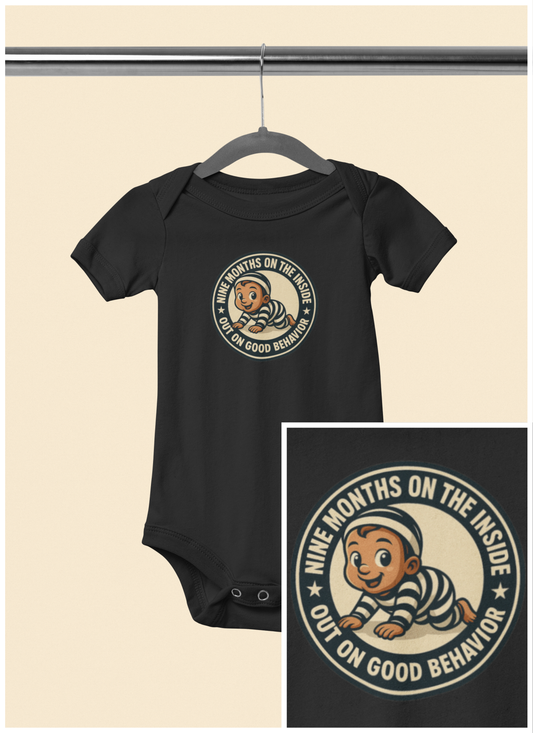 9 Months on the Inside, Out on Good Behavior - Baby Bodysuit - Vintage Stamp Jack