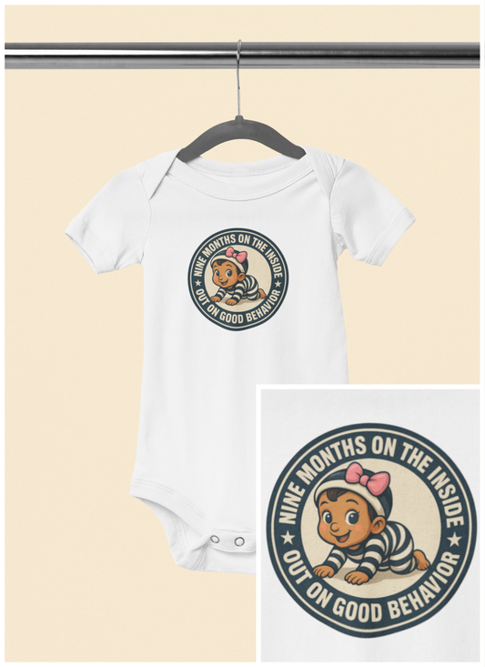 9 Months on the Inside, Out on Good Behavior - Baby Bodysuit - Vintage Stamp Charlotte