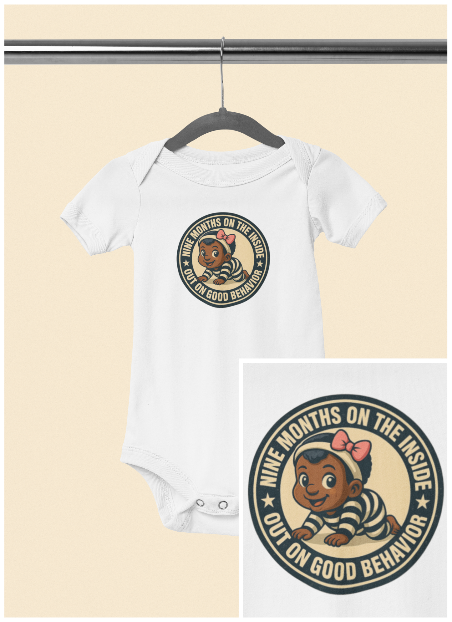 9 Months on the Inside, Out on Good Behavior - Baby Bodysuit - Vintage Stamp Eva