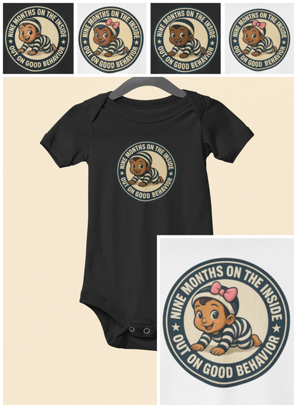 9 Months on the Inside, Out on Good Behavior - Baby Bodysuit - Vintage Stamp Lily