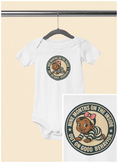 9 Months on the Inside, Out on Good Behavior - Baby Bodysuit - Vintage Stamp Lily