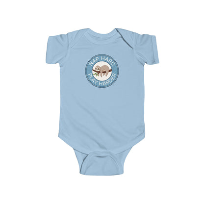 Nap Hard, Play Harder - Baby Bodysuit - Sleepy Sloth in Blue