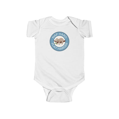 Nap Hard, Play Harder - Baby Bodysuit - Sleepy Sloth in Blue