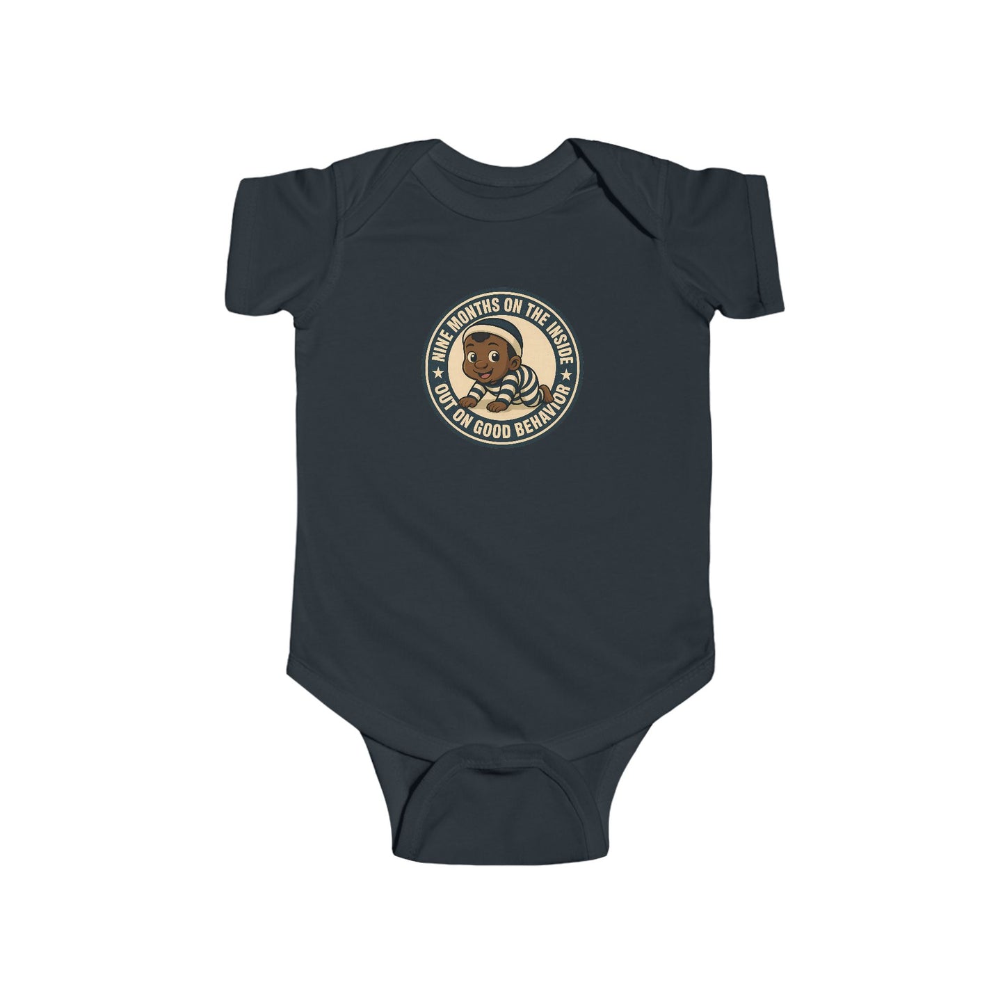 9 Months on the Inside, Out on Good Behavior - Baby Bodysuit - Vintage Stamp Jordan