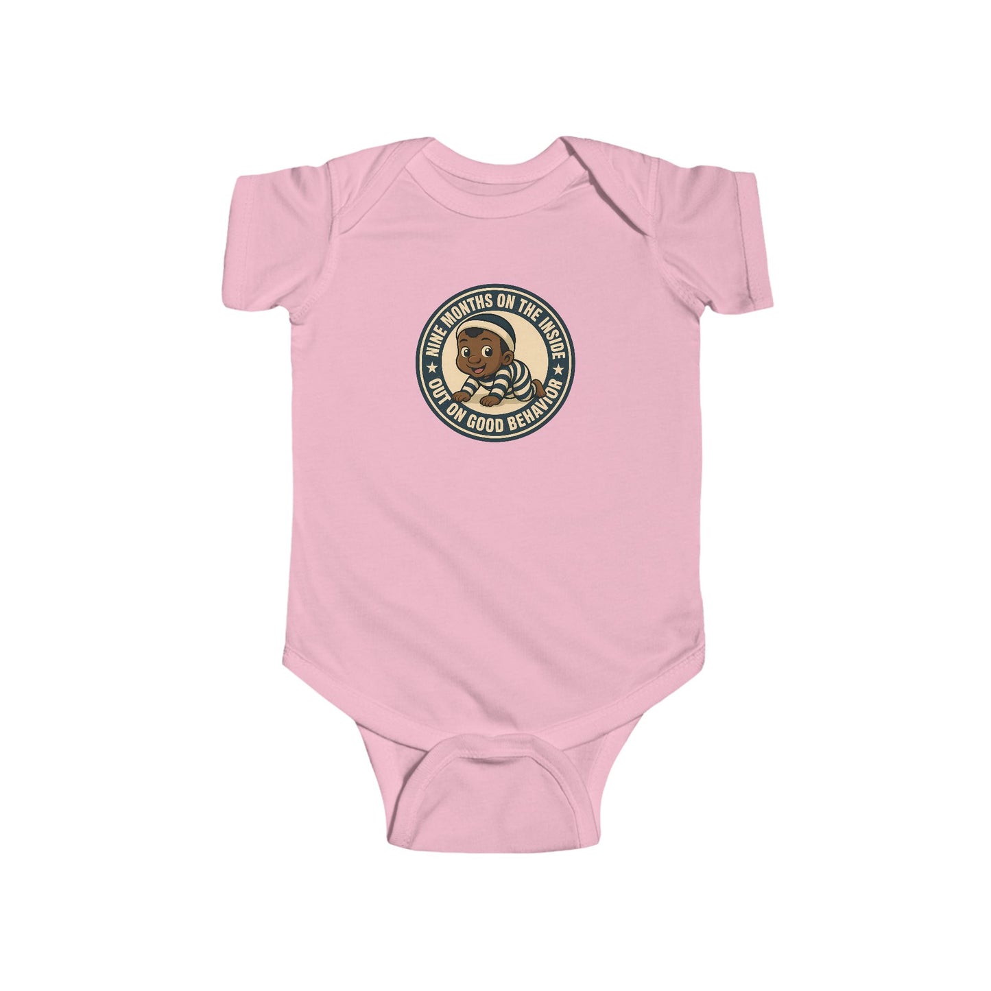 9 Months on the Inside, Out on Good Behavior - Baby Bodysuit - Vintage Stamp Jordan
