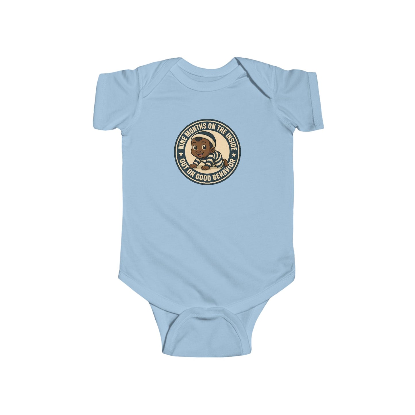 9 Months on the Inside, Out on Good Behavior - Baby Bodysuit - Vintage Stamp Jordan