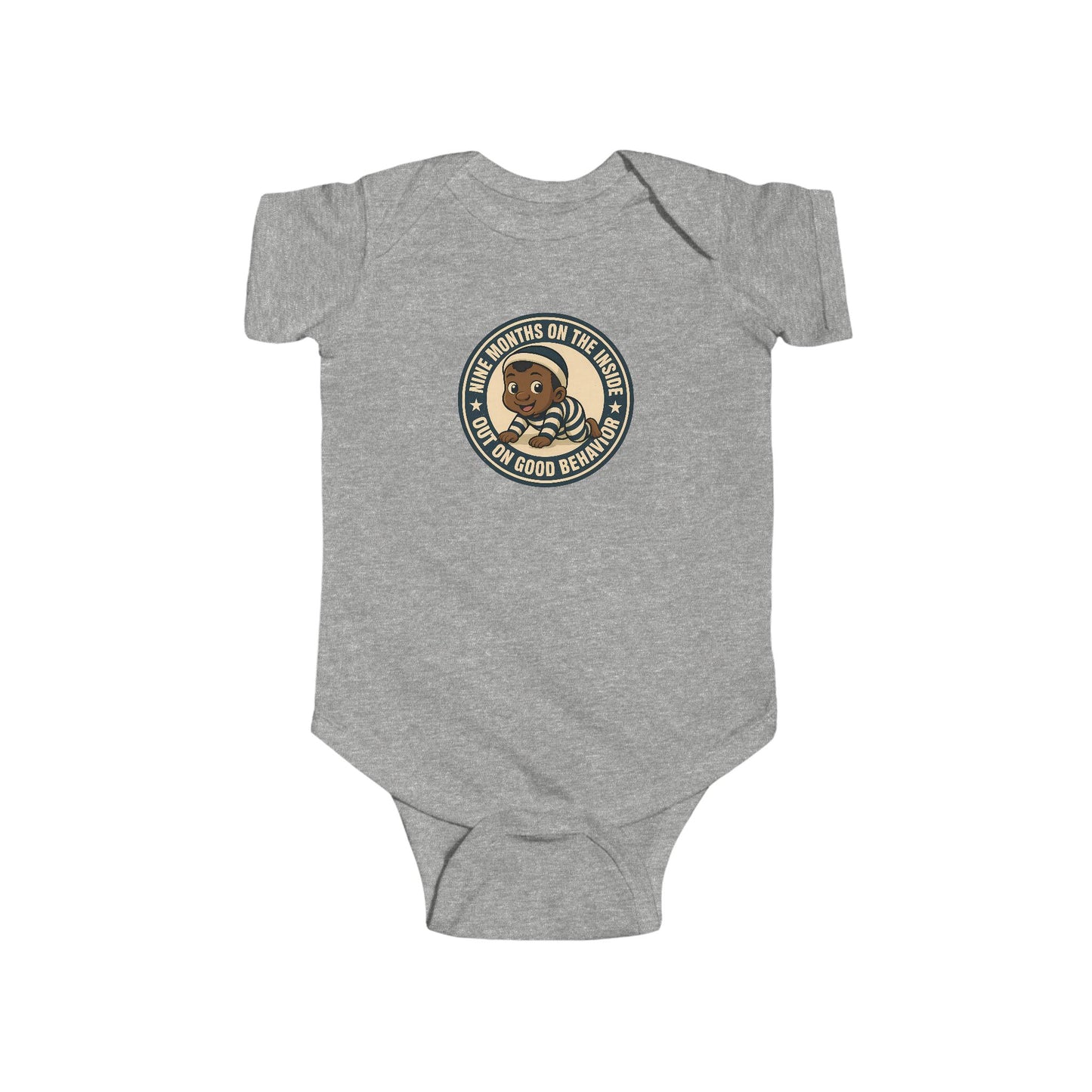 9 Months on the Inside, Out on Good Behavior - Baby Bodysuit - Vintage Stamp Jordan