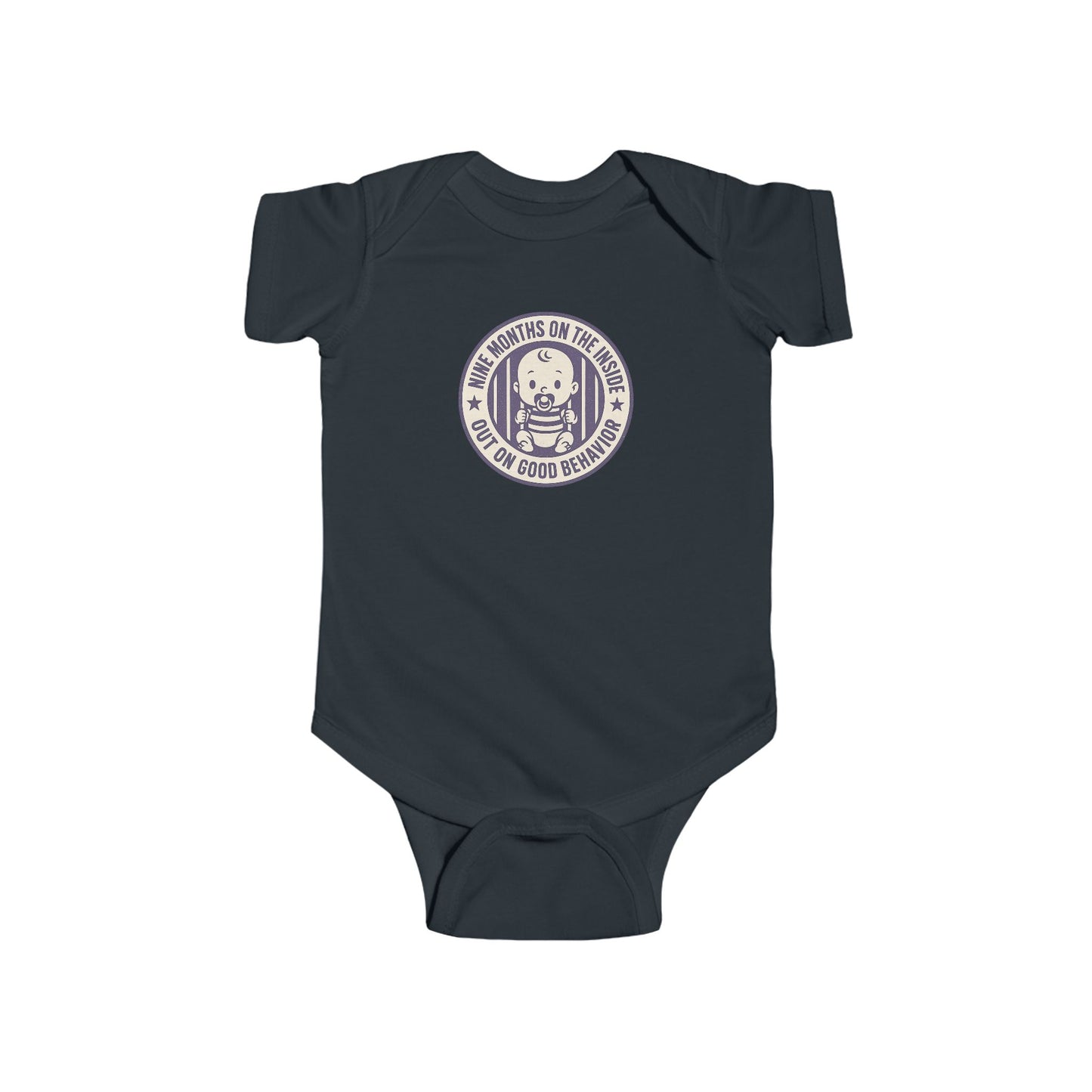 9 Months on the Inside, Out on Good Behavior - Baby Bodysuit - Purple Stamp