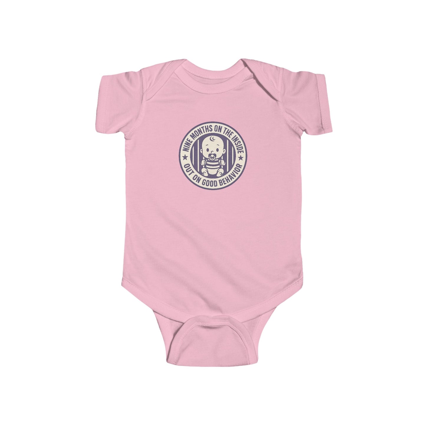 9 Months on the Inside, Out on Good Behavior - Baby Bodysuit - Purple Stamp