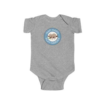 Nap Hard, Play Harder - Baby Bodysuit - Sleepy Sloth in Blue