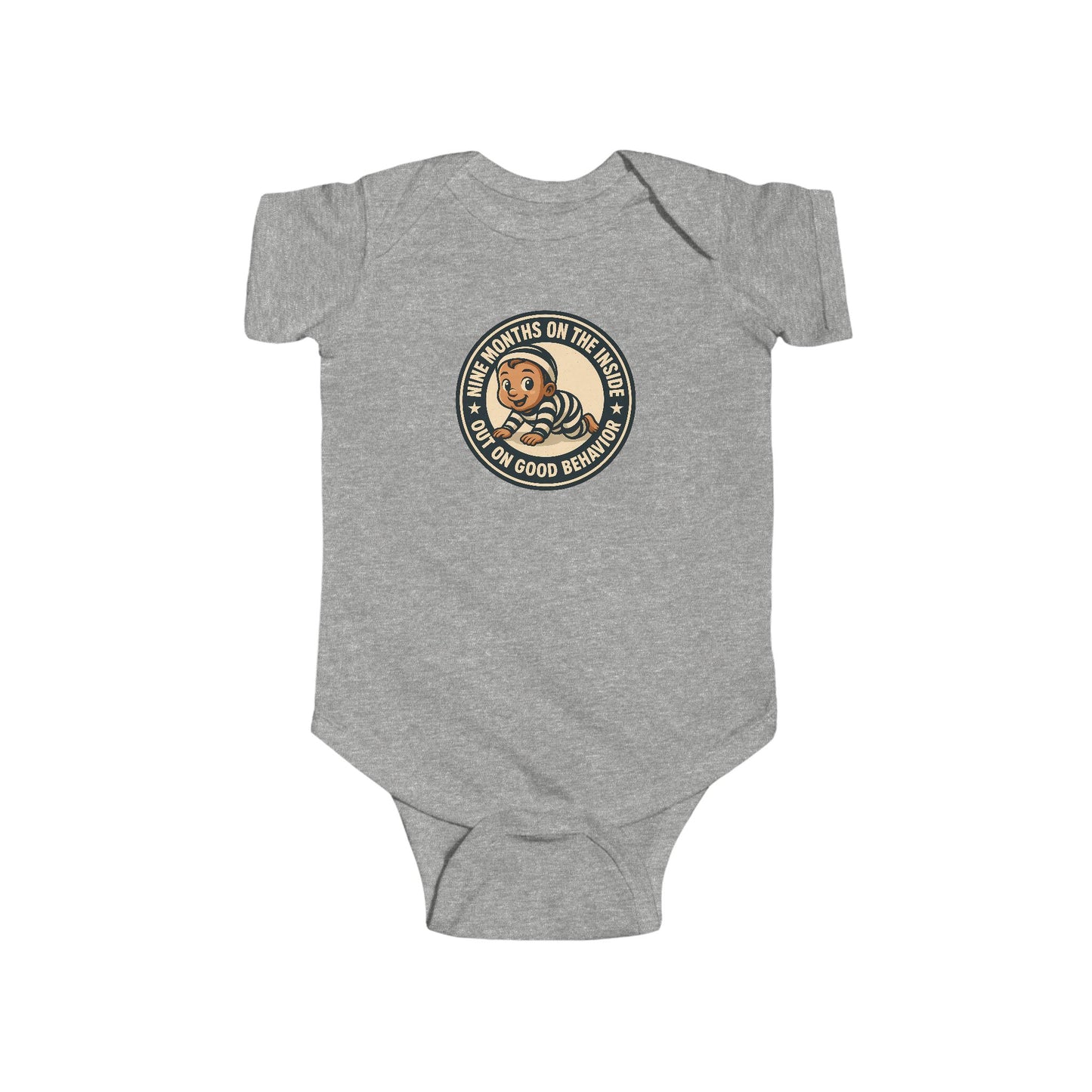 9 Months on the Inside, Out on Good Behavior - Baby Bodysuit - Vintage Stamp Jack