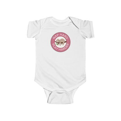 Nap Hard, Play Harder - Baby Bodysuit - Sleepy Sloth in Pink